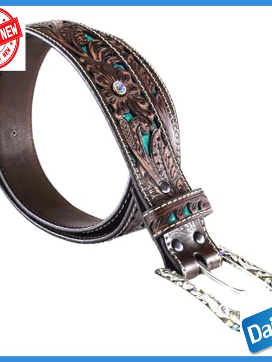 Small Leather Belt with Removable Buckle, Turquoise Inlay, Rhinestones